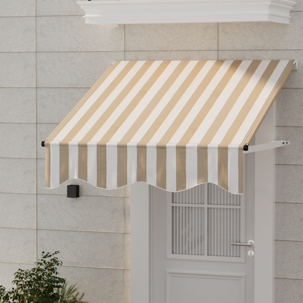 Instahut Window Door Awning 1mx1m Beige White Polyester Fabric Aluminum Frame