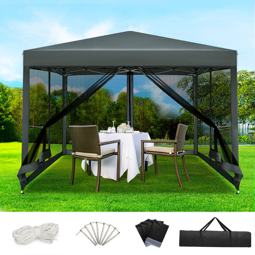 Instahut Gazebo Pop Up Marquee 3x3m Wedding Party Outdoor Camping Tent Canopy Shade Mesh Wall Grey