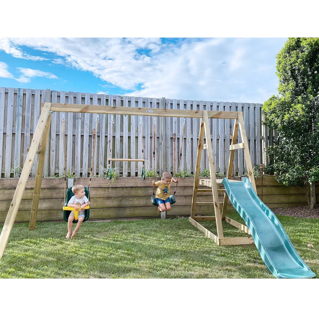 Winston 4-Station Timber Swing Set with Blue / Green Slide - Lifespan Kids