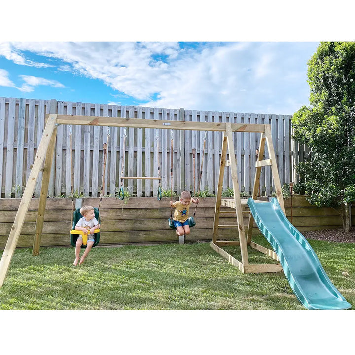 Winston 4-Station Timber Swing Set with Blue / Green Slide - Lifespan Kids