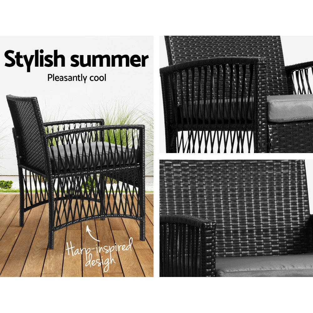 Gardeon 3PC Outdoor Bistro Set Patio Furniture Wicker Dining Chairs Table Cushion Black