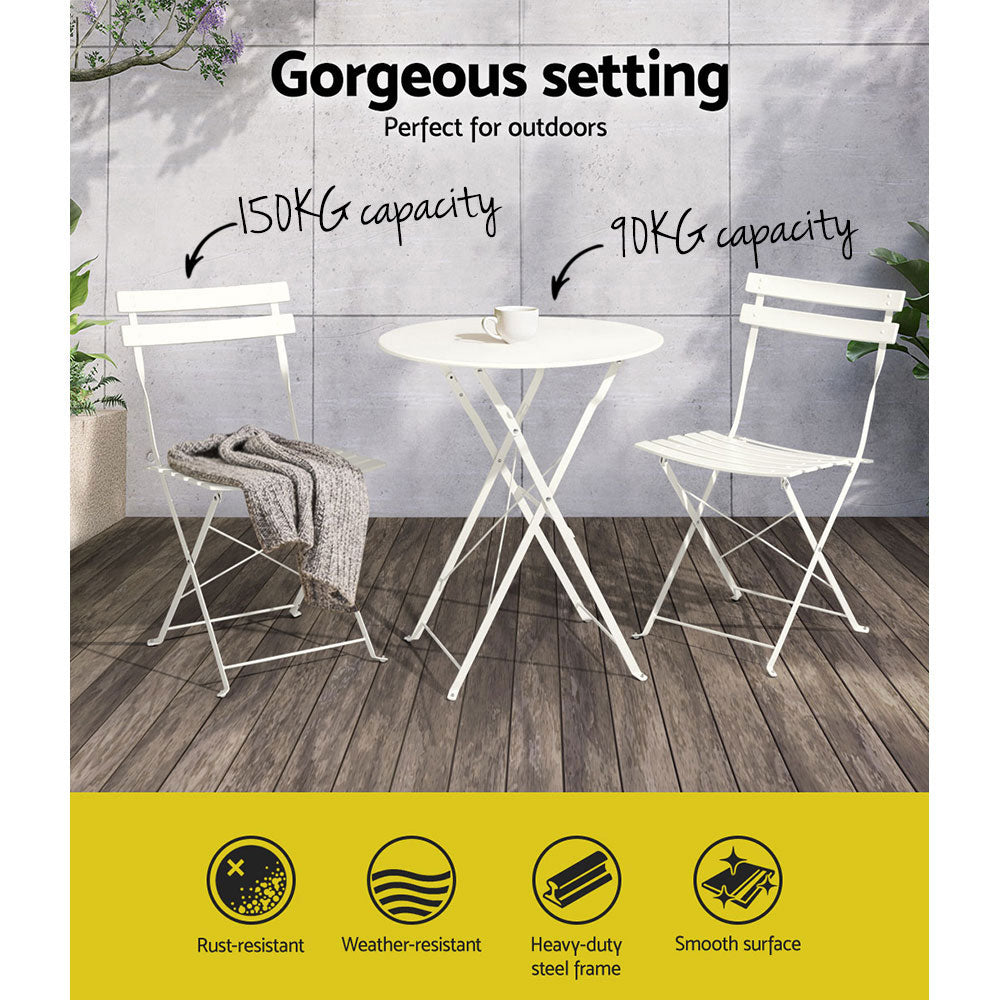 Gardeon 3PC Outdoor Bistro Set Steel Table and Chairs Patio Furniture White