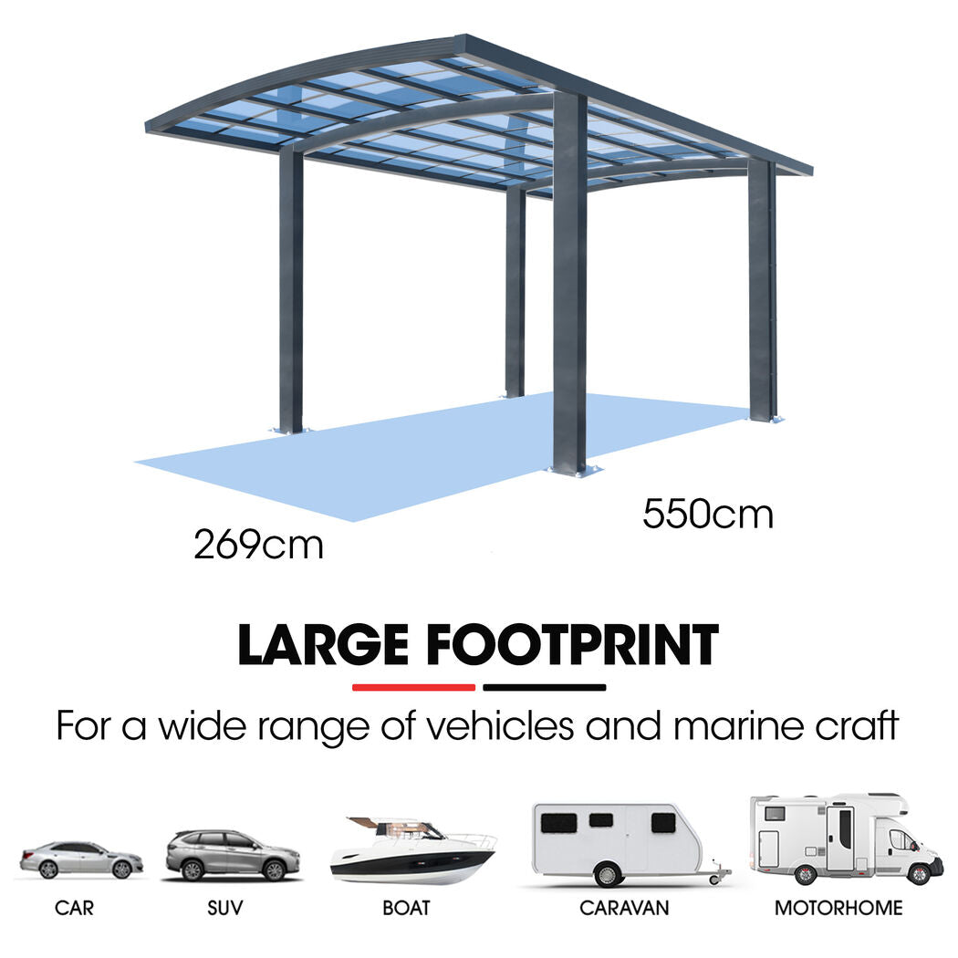 SHADE SHIELD Arched Single Carport 3.0m x 5.5m x 3.4m, Aluminium Alloy Frame, Polycarbonate Roof, Shelter for Car or Outdoor Living