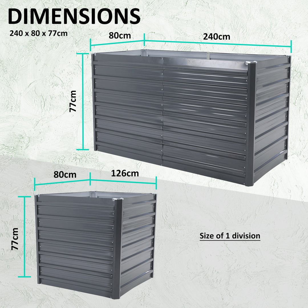 2-in-1 Raised Garden Bed Galvanised Steel Planter 240 x 80 x 77cm GREY