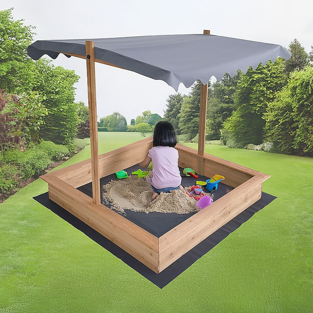 Kids Wooden Toy Sandpit with Adjustable Canopy