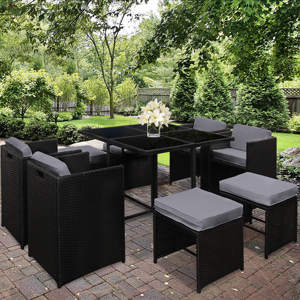 Gardeon 9 Piece Wicker Outdoor Dining Set Black Grey The