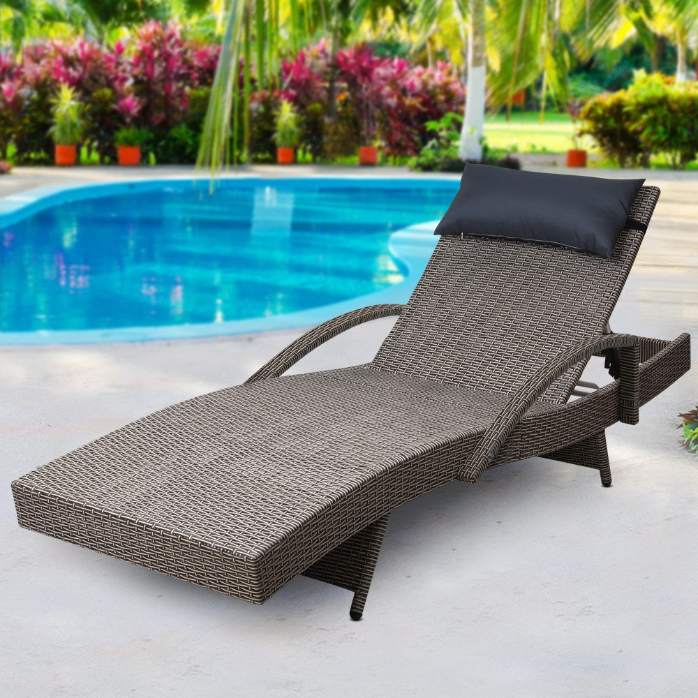 Gardeon Outdoor Sun Lounge Furniture Day Bed Wicker Pillow Sofa Set - Grey & Beige